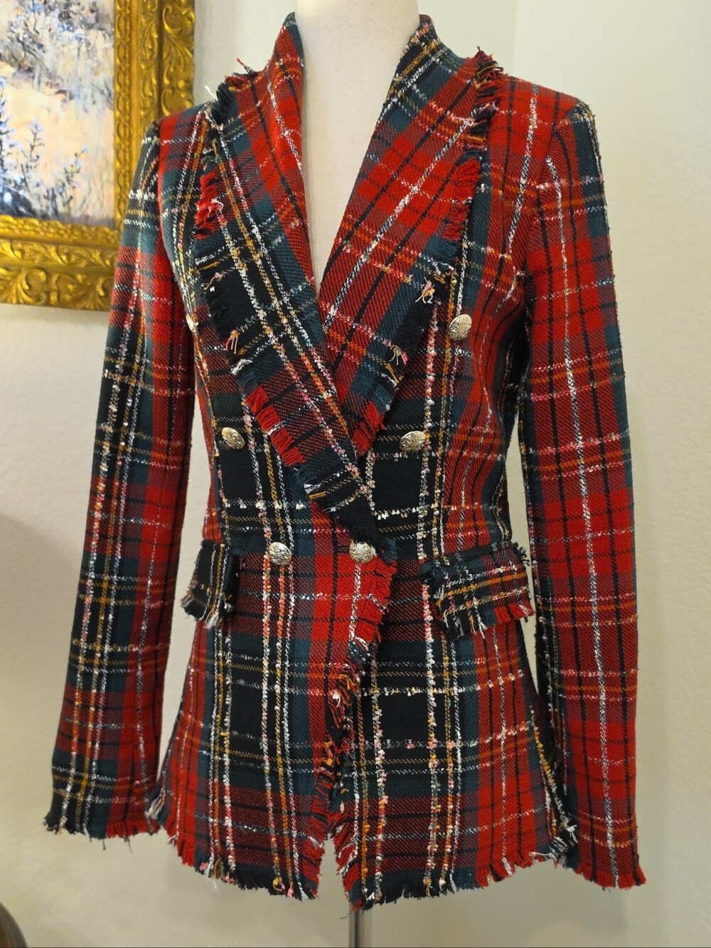 Rachel Zoe Red Black Plaid Fringed Double-Breasted Blazer - Picture 1 of 6